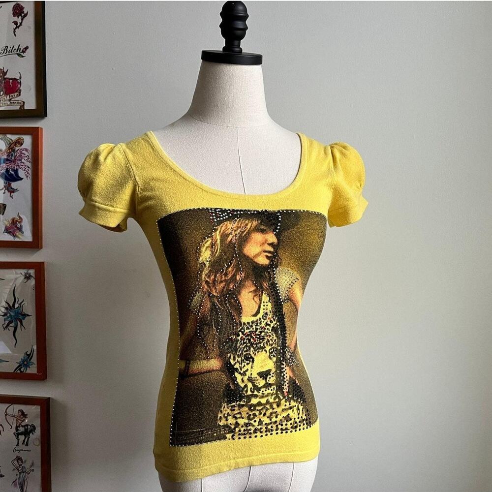 Vintage Y2K Rhinestone Baby Tee | Yellow Knit Cutout Back Puff Sleeve | XS - Picture 9 of 9